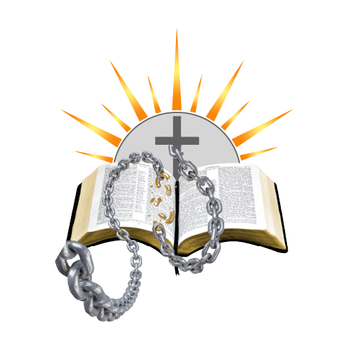 Open bible with cross and sun behind it. Chain covering the bible breaking